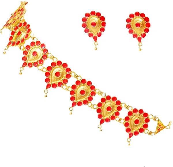 Assamese_Traditional_Gold_Plated_Red_Colour_Golpata_Necklace_Set_For_Women
